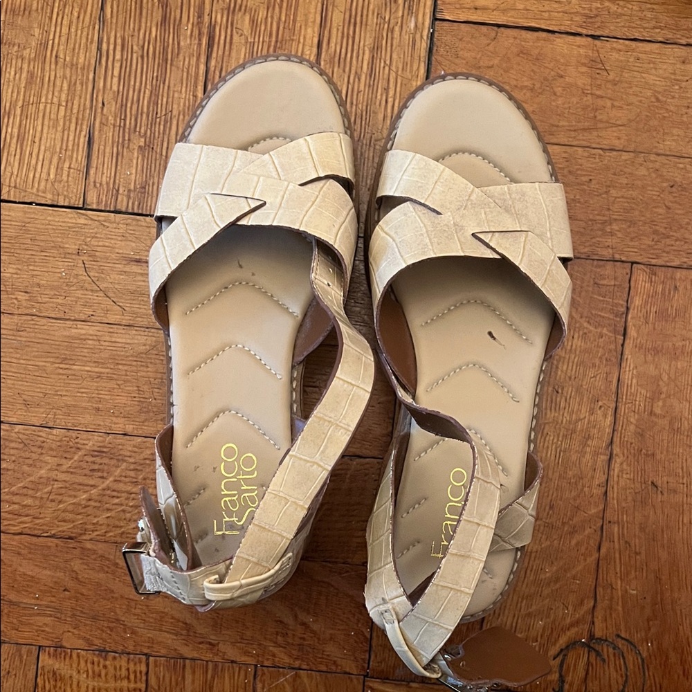 Franco Sarto Neutral Beige Croc-Embossed Slingback Sandals